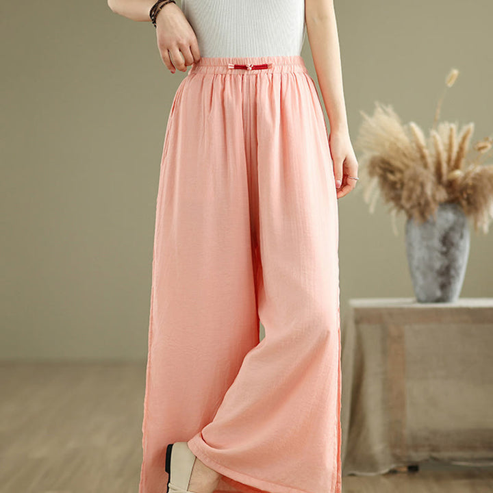 Pantalon large décontracté vintage en coton et lin avec poches pour femme, style Buddha Stones, avec ourlet fendu sur le côté