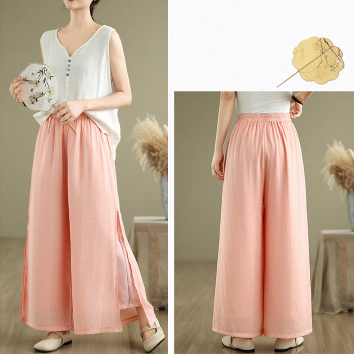 Pantalon large décontracté vintage en coton et lin avec poches pour femme, style Buddha Stones, avec ourlet fendu sur le côté