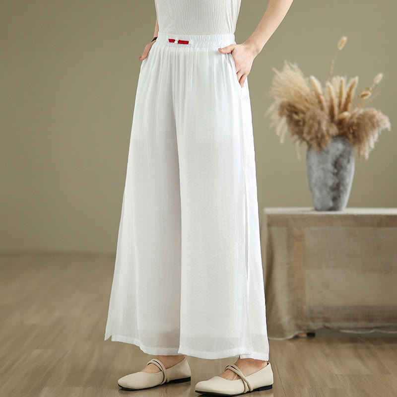 Pantalon large décontracté vintage en coton et lin avec poches pour femme, style Buddha Stones, avec ourlet fendu sur le côté