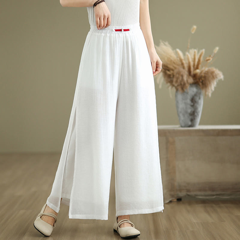 Pantalon large décontracté vintage en coton et lin avec poches pour femme, style Buddha Stones, avec ourlet fendu sur le côté