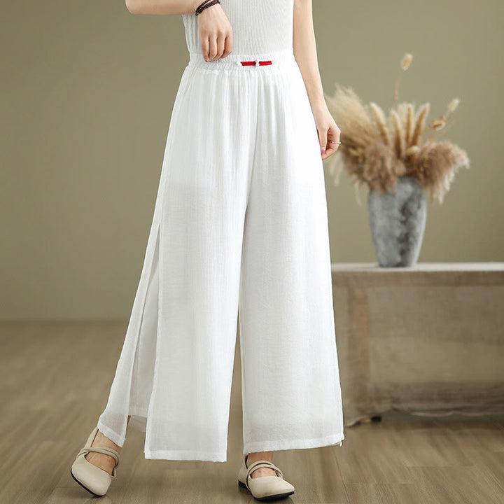 Pantalon large décontracté vintage en coton et lin avec poches pour femme, style Buddha Stones, avec ourlet fendu sur le côté