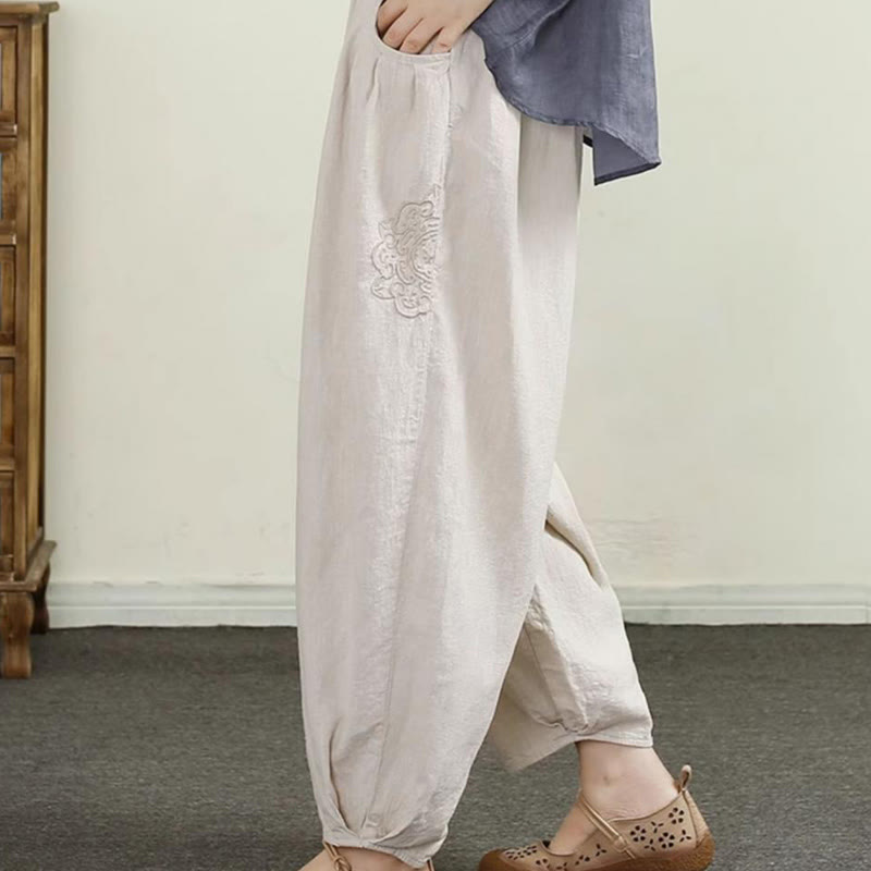 Pantalon sarouel vintage en coton et lin avec broderies de Buddha Stones , couleur unie, pour femme, longueur 7-8, avec poches - image 1