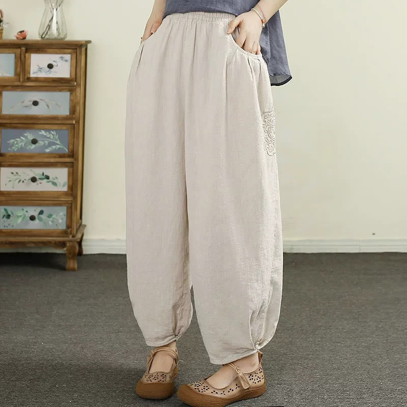 Pantalon sarouel vintage en coton et lin avec broderies de Buddha Stones , couleur unie, pour femme, longueur 7-8, avec poches - Beige - US6，UK/AU10，EU38 (XL) - image 0