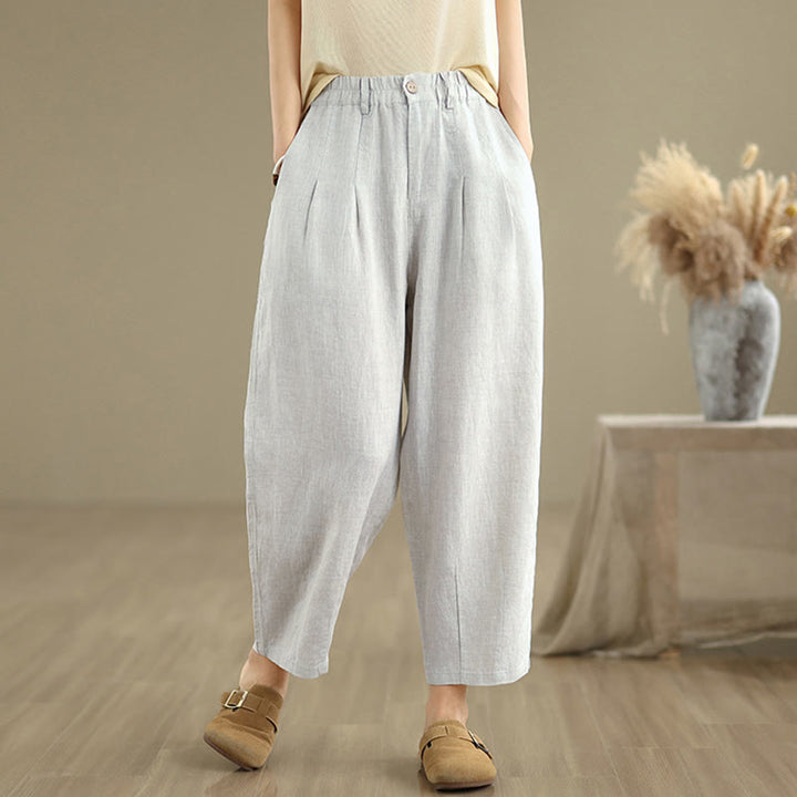 Pantalon Buddha Stones décontracté d'été en coton et lin pour femme, couleur unie, taille haute, avec poches