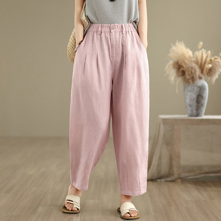 Pantalon Buddha Stones décontracté d'été en coton et lin pour femme, couleur unie, taille haute, avec poches