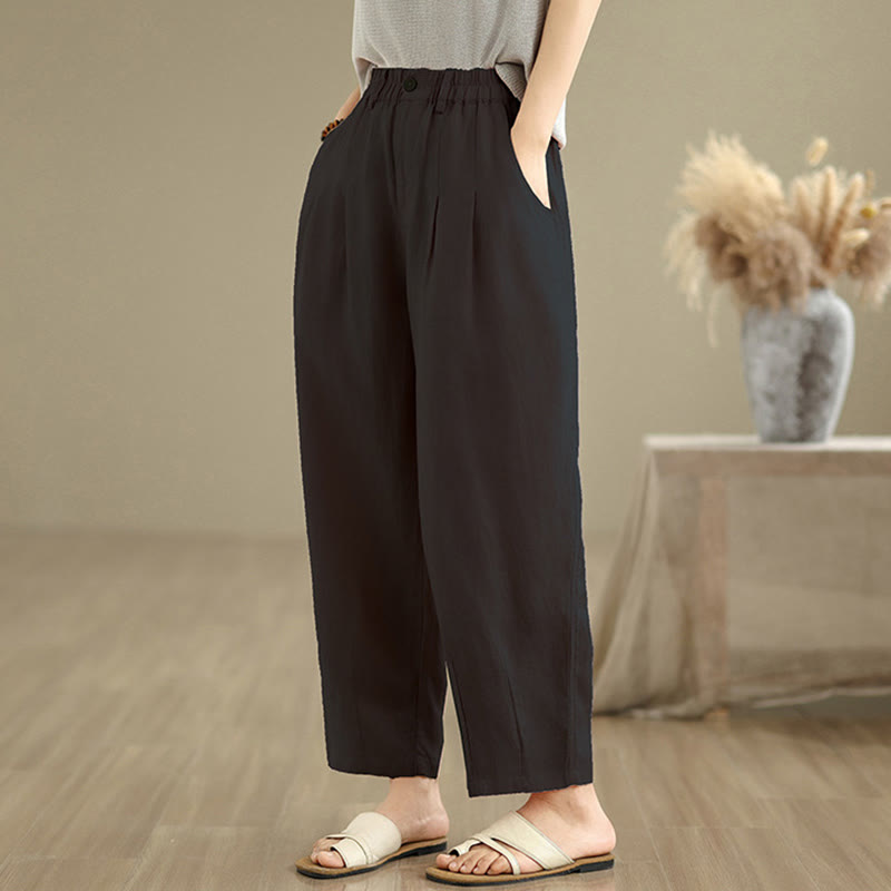 Pantalon Buddha Stones décontracté d'été en coton et lin pour femme, couleur unie, taille haute, avec poches