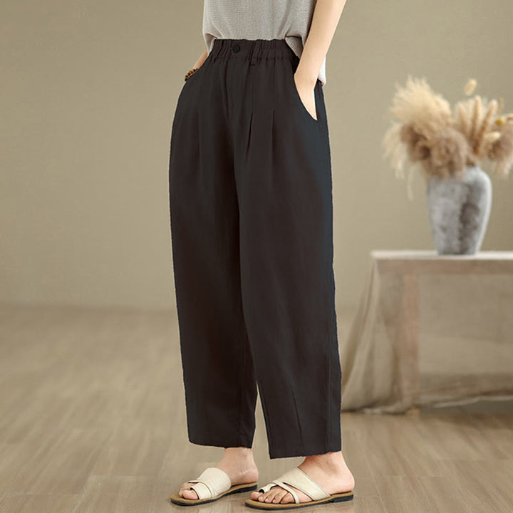 Pantalon Buddha Stones décontracté d'été en coton et lin pour femme, couleur unie, taille haute, avec poches