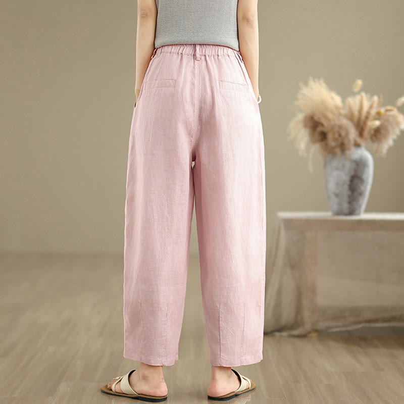 Pantalon Buddha Stones décontracté d'été en coton et lin pour femme, couleur unie, taille haute, avec poches