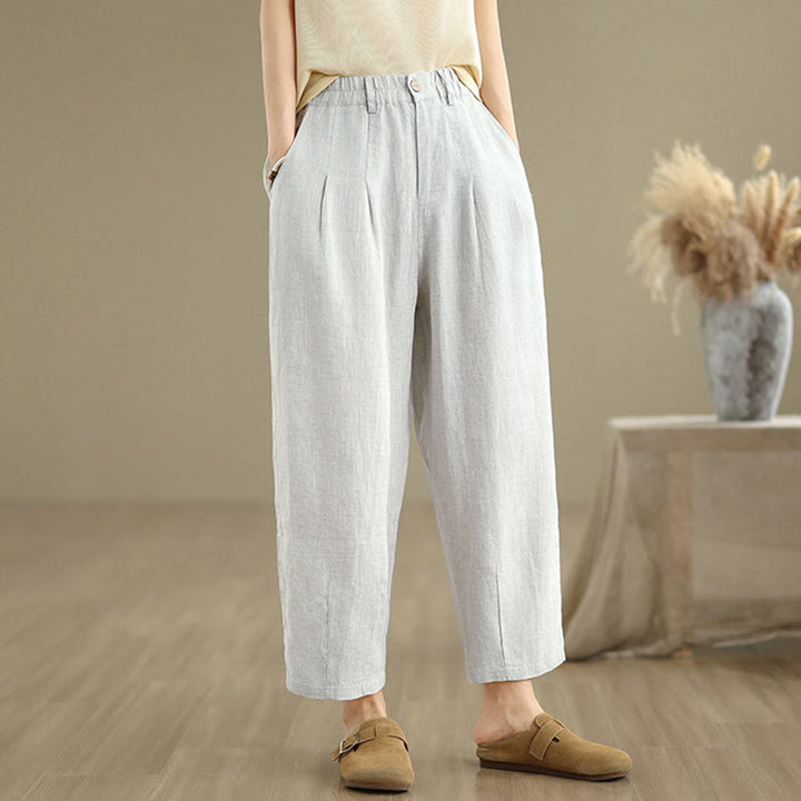 Pantalon Buddha Stones décontracté d'été en coton et lin pour femme, couleur unie, taille haute, avec poches