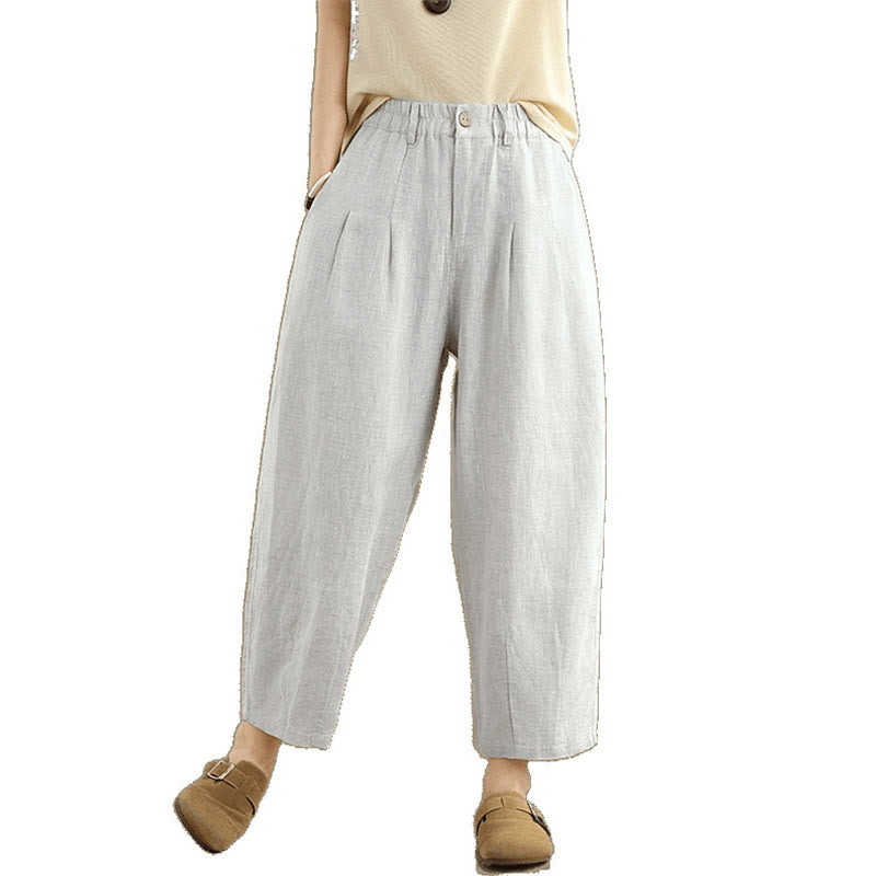 Pantalon Buddha Stones décontracté d'été en coton et lin pour femme, couleur unie, taille haute, avec poches