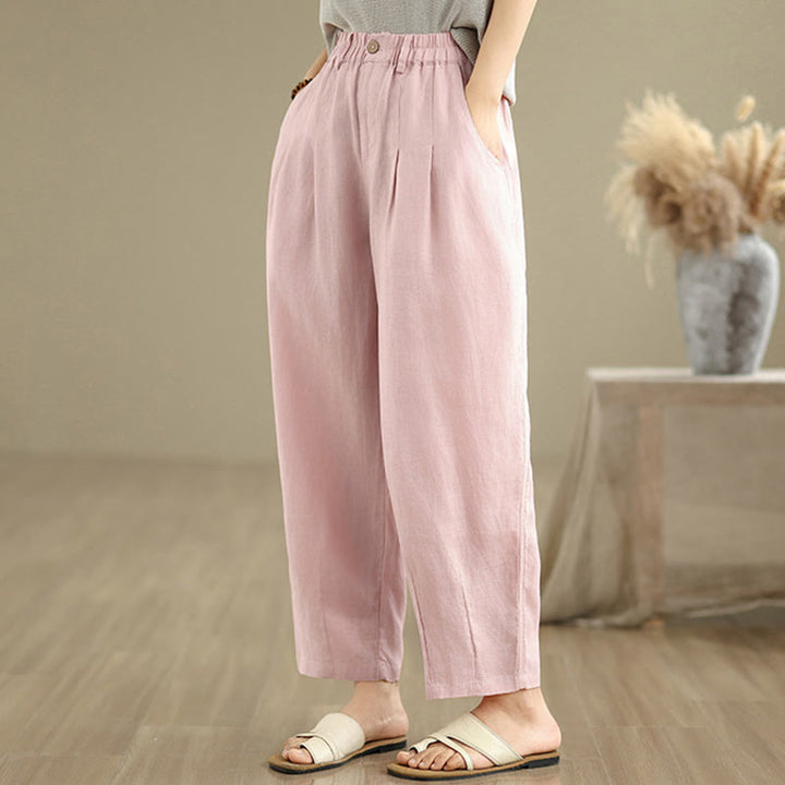 Pantalon Buddha Stones décontracté d'été en coton et lin pour femme, couleur unie, taille haute, avec poches