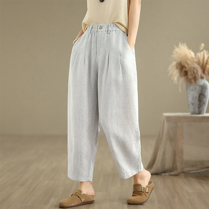 Pantalon Buddha Stones décontracté d'été en coton et lin pour femme, couleur unie, taille haute, avec poches