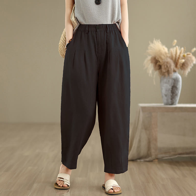 Pantalon Buddha Stones décontracté d'été en coton et lin pour femme, couleur unie, taille haute, avec poches