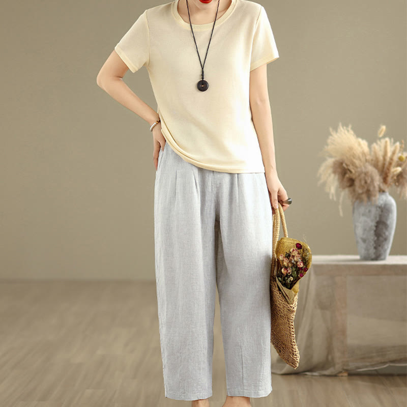 Pantalon Buddha Stones décontracté d'été en coton et lin pour femme, couleur unie, taille haute, avec poches