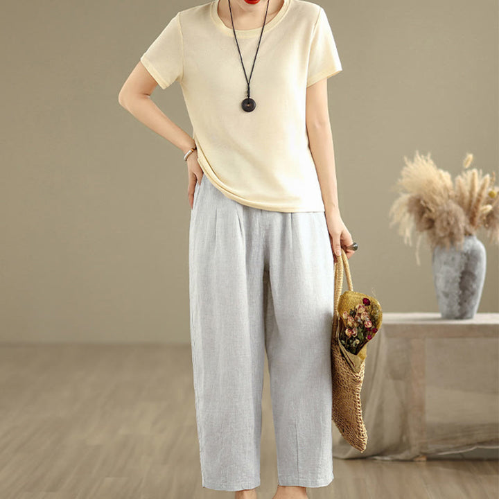 Pantalon Buddha Stones décontracté d'été en coton et lin pour femme, couleur unie, taille haute, avec poches
