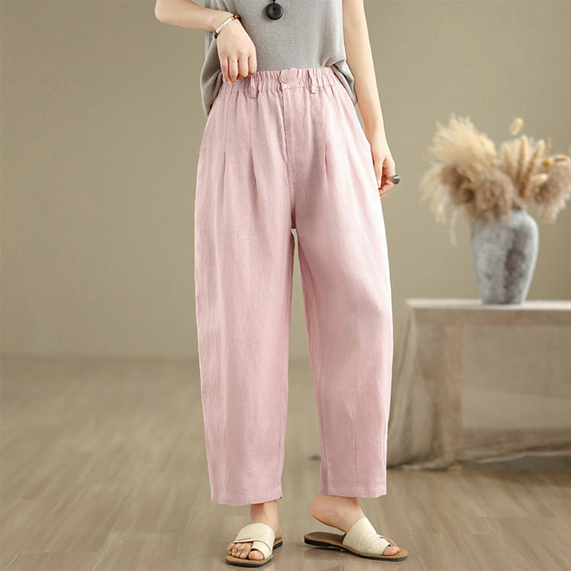 Pantalon Buddha Stones décontracté d'été en coton et lin pour femme, couleur unie, taille haute, avec poches