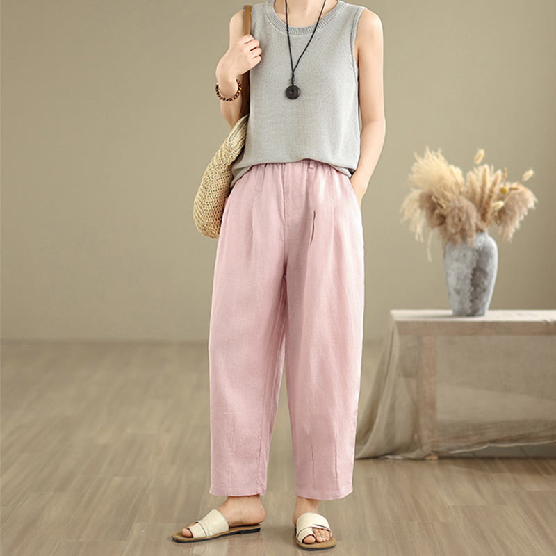 Pantalon Buddha Stones décontracté d'été en coton et lin pour femme, couleur unie, taille haute, avec poches