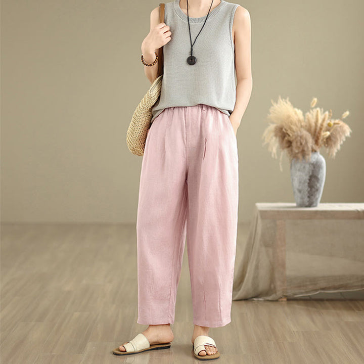 Pantalon Buddha Stones décontracté d'été en coton et lin pour femme, couleur unie, taille haute, avec poches