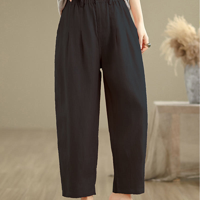Pantalon Buddha Stones décontracté d'été en coton et lin pour femme, couleur unie, taille haute, avec poches