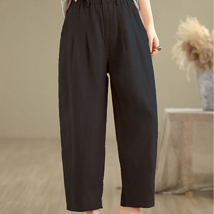 Pantalon Buddha Stones décontracté d'été en coton et lin pour femme, couleur unie, taille haute, avec poches