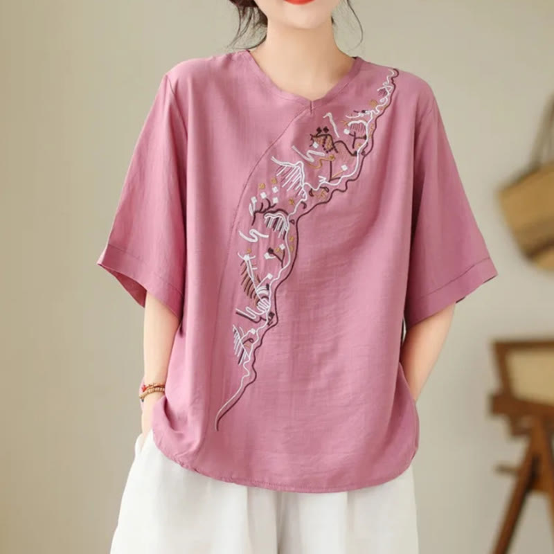 T-shirt à manches courtes et col ras du cou pour femme, motif géométrique brodé ethnique décontracté avec Buddha Stones