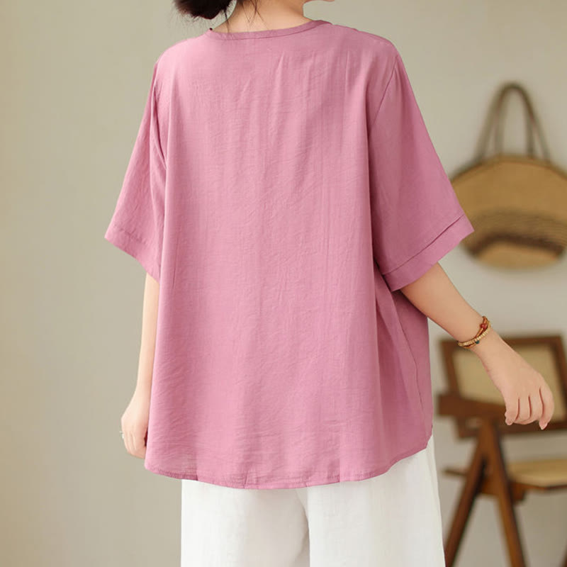 T-shirt à manches courtes et col ras du cou pour femme, motif géométrique brodé ethnique décontracté avec Buddha Stones