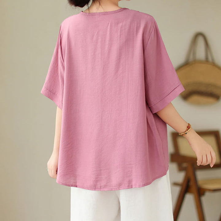 T-shirt à manches courtes et col ras du cou pour femme, motif géométrique brodé ethnique décontracté avec Buddha Stones