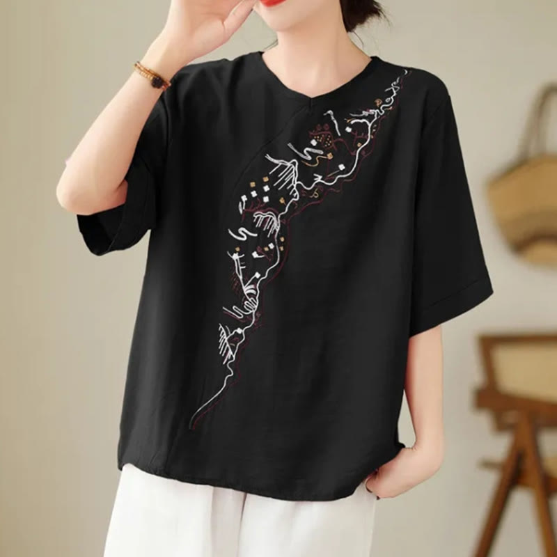 T-shirt à manches courtes et col ras du cou pour femme, motif géométrique brodé ethnique décontracté avec Buddha Stones
