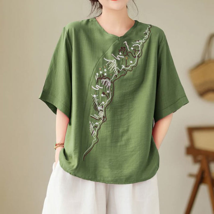 T-shirt à manches courtes et col ras du cou pour femme, motif géométrique brodé ethnique décontracté avec Buddha Stones