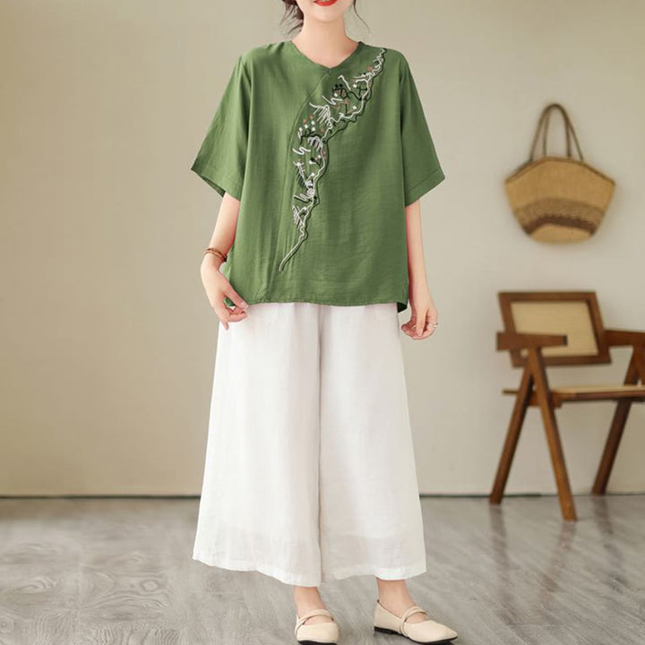 T-shirt à manches courtes et col ras du cou pour femme, motif géométrique brodé ethnique décontracté avec Buddha Stones