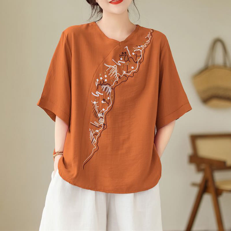 T-shirt à manches courtes et col ras du cou pour femme, motif géométrique brodé ethnique décontracté avec Buddha Stones