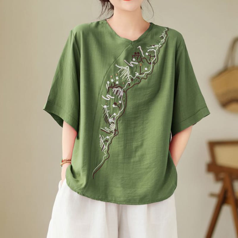 T-shirt à manches courtes et col ras du cou pour femme, motif géométrique brodé ethnique décontracté avec Buddha Stones - Vert forêt - US14，UK/AU18，EU46 (4XL) - image 0