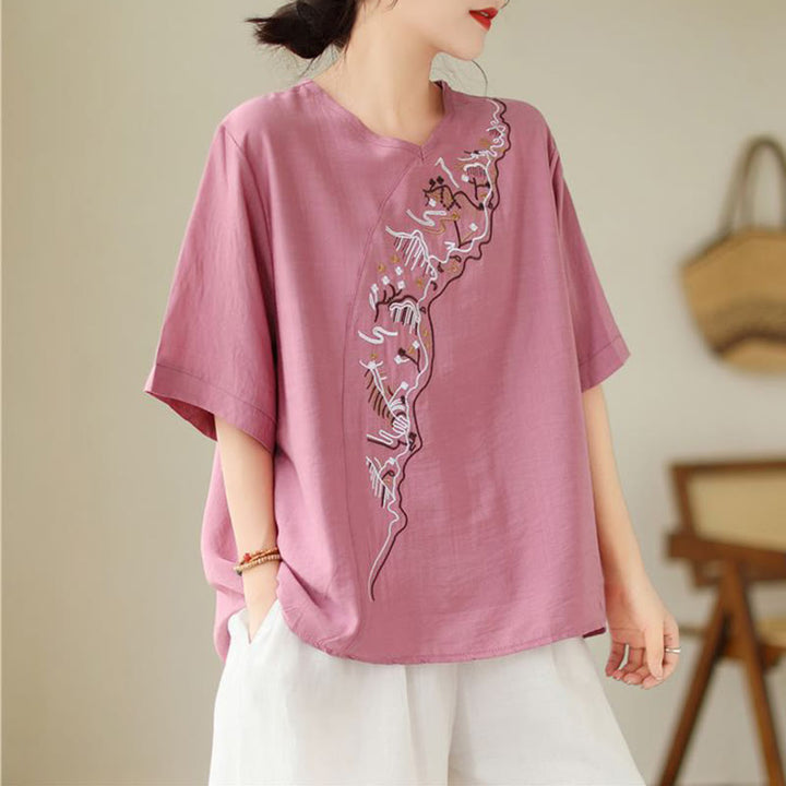 T-shirt à manches courtes et col ras du cou pour femme, motif géométrique brodé ethnique décontracté avec Buddha Stones