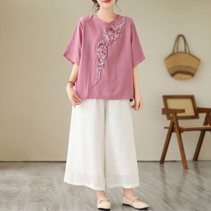 T-shirt à manches courtes et col ras du cou pour femme, motif géométrique brodé ethnique décontracté avec Buddha Stones
