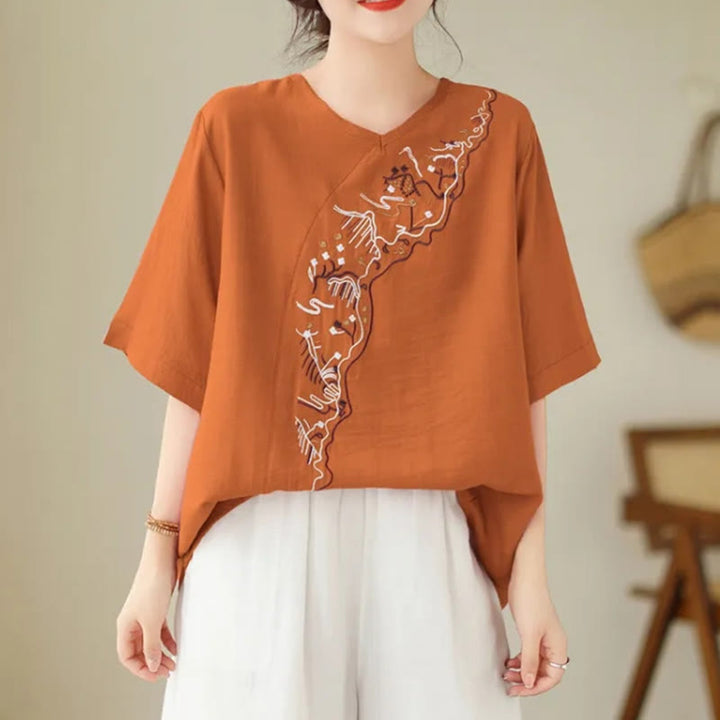 T-shirt à manches courtes et col ras du cou pour femme, motif géométrique brodé ethnique décontracté avec Buddha Stones