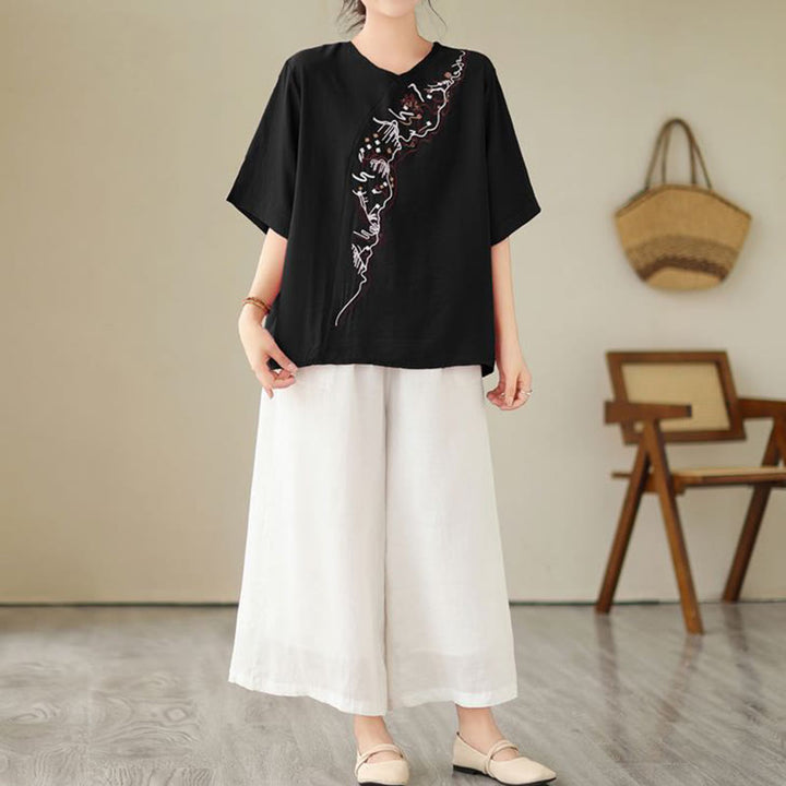 T-shirt à manches courtes et col ras du cou pour femme, motif géométrique brodé ethnique décontracté avec Buddha Stones