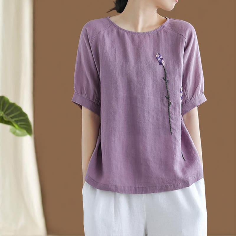 T-shirt col rond femme en coton et lin avec motif floral brodé vintage Buddha Stones - Orchidée moyenne - US8-10，UK/AU12-14，EU40-42 (2XL) - image 0