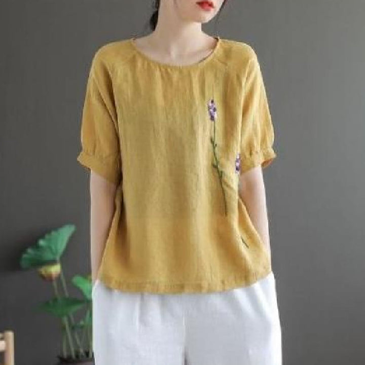 T-shirt col rond femme en coton et lin avec motif floral brodé vintage Buddha Stones - Kaki - US8-10，UK/AU12-14，EU40-42 (2XL) - image 6