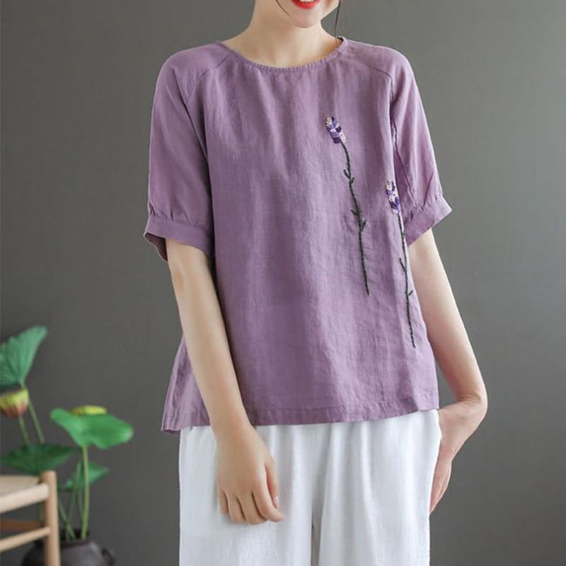 T-shirt col rond femme en coton et lin avec motif floral brodé vintage Buddha Stones - image 3