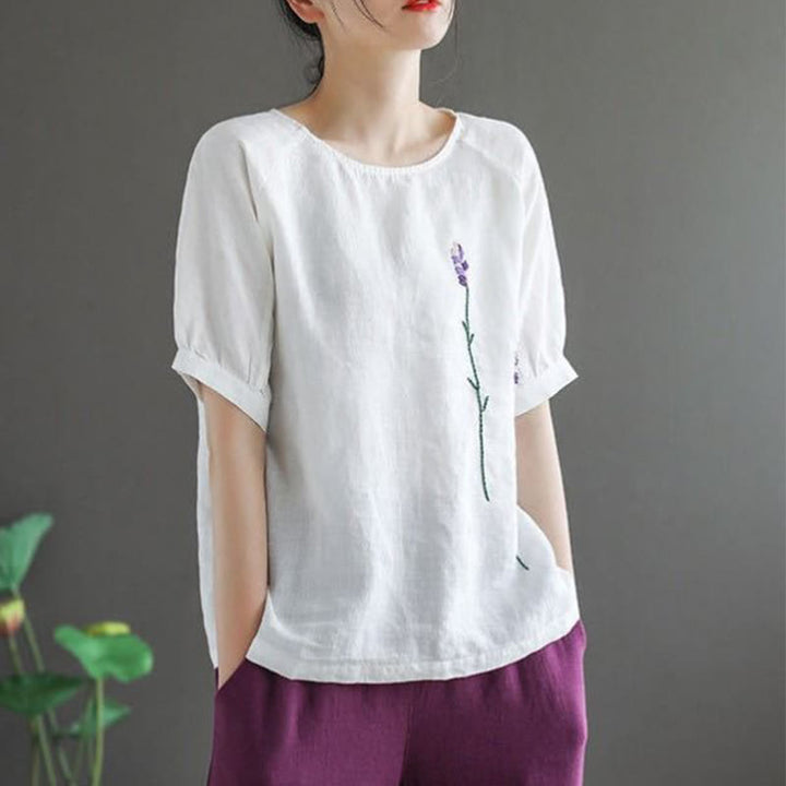 T-shirt col rond femme en coton et lin avec motif floral brodé vintage Buddha Stones - image 14