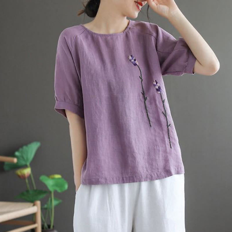 T-shirt col rond femme en coton et lin avec motif floral brodé vintage Buddha Stones - image 4
