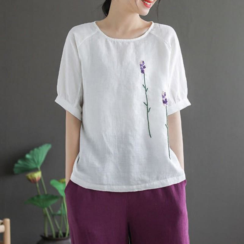 T-shirt col rond femme en coton et lin avec motif floral brodé vintage Buddha Stones - image 15