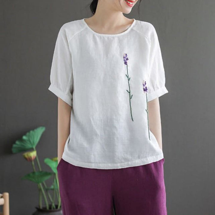 T-shirt col rond femme en coton et lin avec motif floral brodé vintage Buddha Stones - image 15