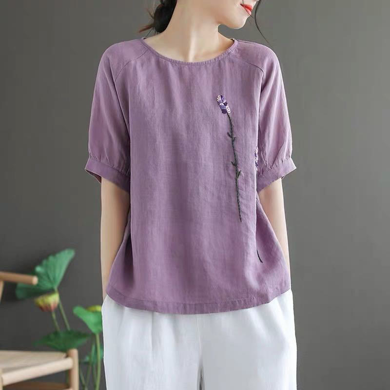 T-shirt col rond femme en coton et lin avec motif floral brodé vintage Buddha Stones - image 2