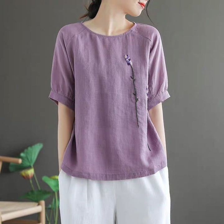 T-shirt col rond femme en coton et lin avec motif floral brodé vintage Buddha Stones - image 2
