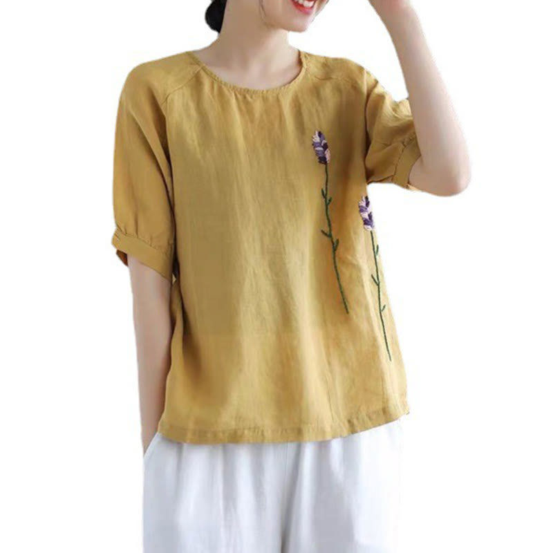 T-shirt col rond femme en coton et lin avec motif floral brodé vintage Buddha Stones - image 11