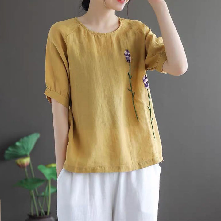T-shirt col rond femme en coton et lin avec motif floral brodé vintage Buddha Stones - image 10