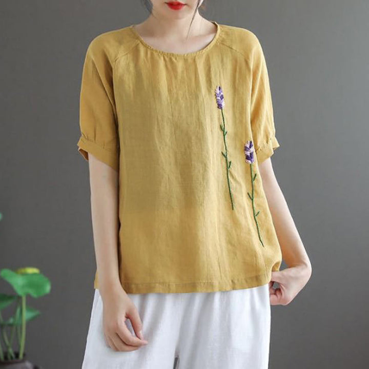 T-shirt col rond femme en coton et lin avec motif floral brodé vintage Buddha Stones - image 7