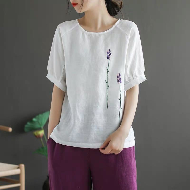 T-shirt col rond femme en coton et lin avec motif floral brodé vintage Buddha Stones - Blanc - US8-10，UK/AU12-14，EU40-42 (2XL) - image 13