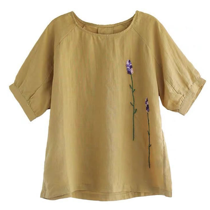 T-shirt col rond femme en coton et lin avec motif floral brodé vintage Buddha Stones - image 12